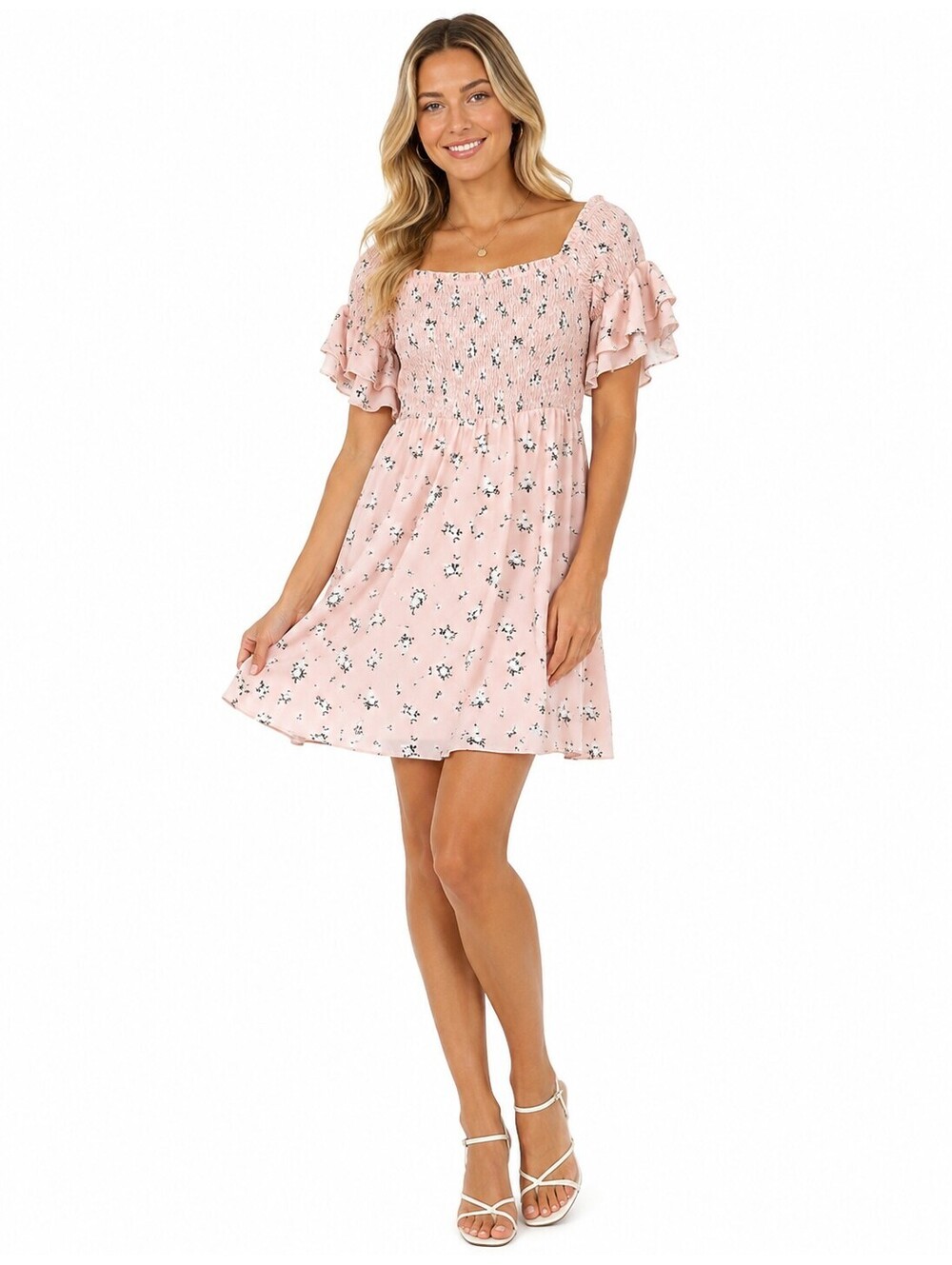 Forever 21 Boho Blush Pink Smocked Cottagecore Floral Princess Mini Dress Size S